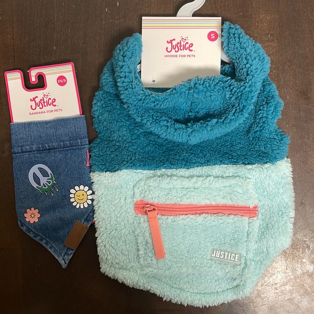NWT Pet Hoodie size Small dog jacket & denim bandana Justice brand